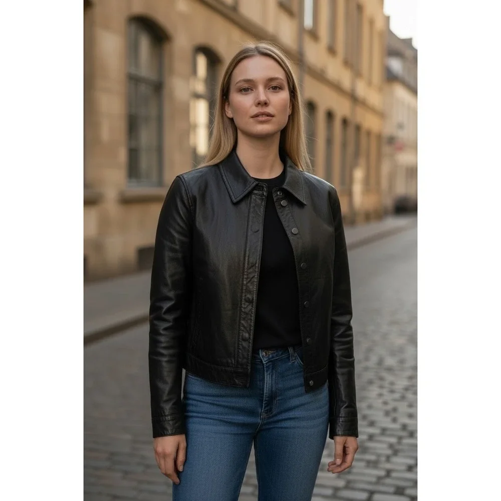 Y2K Banana Republic Black Leather Jacket Women's Size M Button Front Collar - Picture 1 of 8